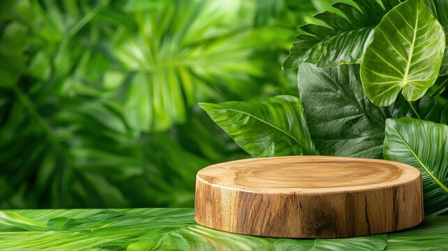 A sleek wooden display podium featuring a rustic finish, set against a backdrop of lush tropical leaves, creating a serene and natural setting for showcasing organic and earth friendly products.