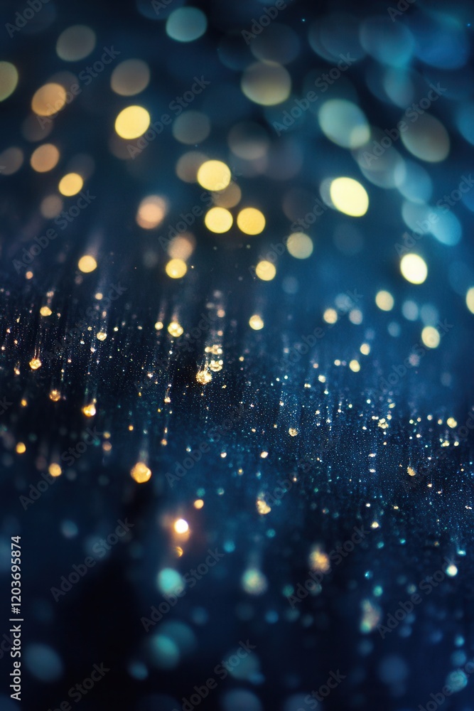 Aufkleber shimmering abstract bokeh background with golden and cyan light spots on a dark blue surface.