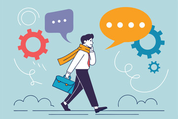 Stylized illustration, businessman with scarf, multiple colorful speech bubbles, flat design, vibrant colors, blue background, minimalist, digital art, vector graphic style, communication concept, th
