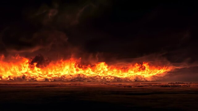A massive fire cloud with red and orange flames, a dark sky background, a panoramic view, high resolution, hyper-realistic, and super-detailed.
