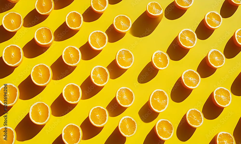 Poster vibrant pattern of halved oranges arranged on a sunny yellow background, creating a cheerful and ref