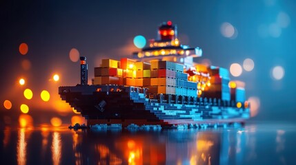 Cargo ship unloading at vibrant harbor waves reflecting night lights