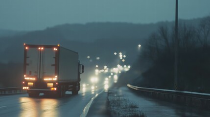 Cargo truck crossing national border checkpoint at night transportation scene rainy environment