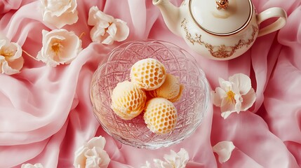 Fototapeta premium Teapot beside honeycomb ice cream on crystal bowl on pink cloth background