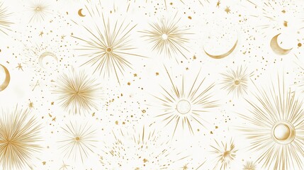 Celestial Pattern with Golden Stars, Moons and cosmic dust on a cream background