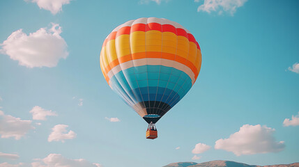 Fototapeta premium A vibrant hot air balloon floats against a blue sky with fluffy clouds.