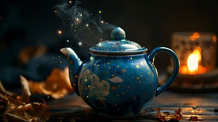 Teapot featuring a celestial night sky theme with lamp