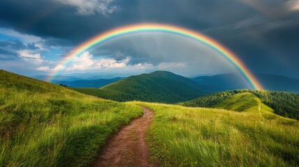 Naklejka premium Majestic Rainbow Arcing Over Lush Green Mountains