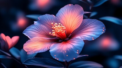 Hibiscus Bloom in Twilight: A delicate hibiscus flower, its petals shimmering in shades of blue and orange, bursts forth against a backdrop of deep blue leaves, bathed in the soft glow of twilight.
