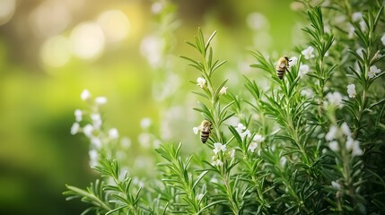 Bees Pollinating Rosemary Flowers In A Garden