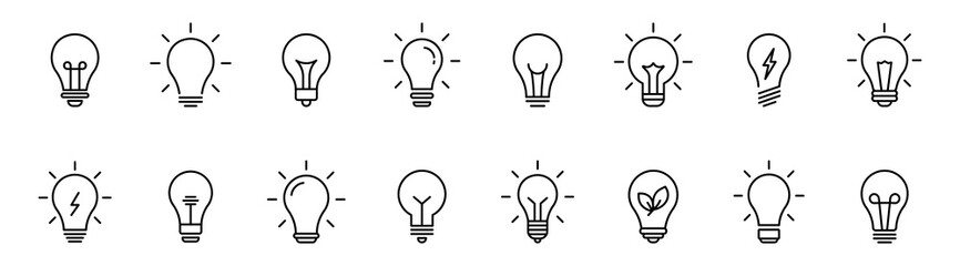 Lightbulb icon set. Light bulb linear icon. Idea and creativity symbol. Electric lamp, electricity, light. Editable stroke. Vector illustration.