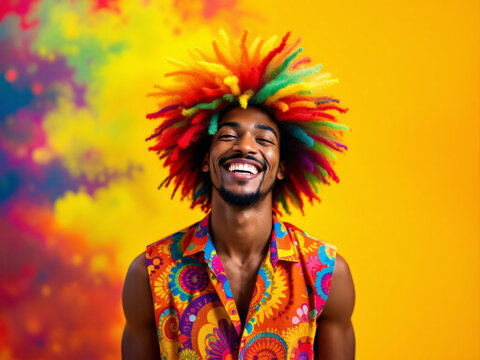 Man in vibrant costume and colorful wig, laughing joyfully against a bright yellow background.