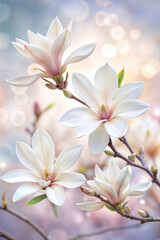 Elegant white magnolia flowers on delicate branches against a soft pastel background. Ideal for greeting cards, wedding invitations, branding, and wall art.