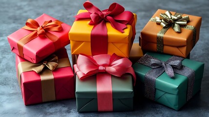 Obraz premium Gift of Joy: A festive arrangement of colorful wrapped gifts adorned with elegant bows, capturing the anticipation and excitement of receiving a thoughtful present.