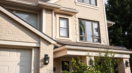 Obraz premium Elegant Brick House Exterior: Architectural Design and Landscaping. High-end residential home with beautiful brick facade, large windows, and stylish landscaping.
