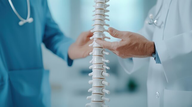 Doctor holding anatomical spine model in medical office for educational purposes