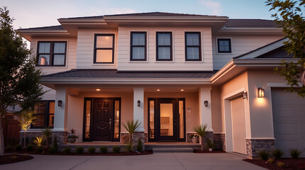 Fototapeta premium Luxury Modern Home Exterior at Dusk: Architectural Design and Real Estate Photography