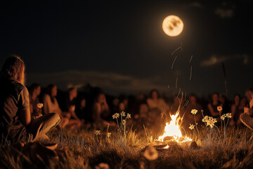Group gathering around a fire under a full moon during a spring equinox ritual, celebrating unity and renewal in nature