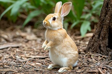 A cute rabbit stands upright among greenery, showcasing its soft fur and alert ears.