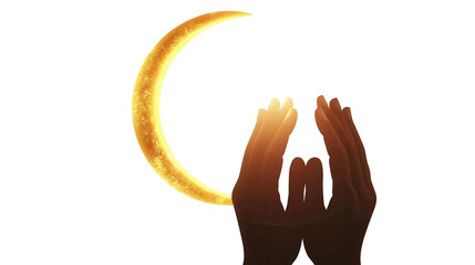 Ramadan vector of hands raised in prayer with a glowing crescent moon behind, holy festival, Islamic month, isolated on white, PNG file
