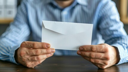 Distressed man sitting at desk holding letter symbolizing layoff notice, reflecting emotional response to job loss in professional office setting.