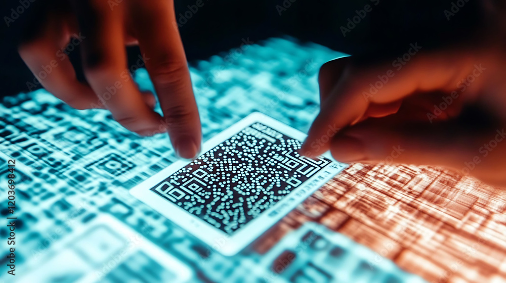 Poster closeup of hands interacting with a digital qr code displayed on a futuristic, glowing screen. perfe