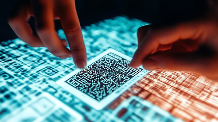 Closeup of hands interacting with a digital QR code displayed on a futuristic, glowing screen.  Perfect for illustrating concepts of technology, data, digital security, or modern payment systems.