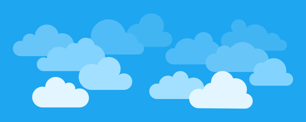 Flat clouds. Weather elements. Cartoon puffy, fluffy and cumulus clouds in blue sky for baby shower, covers, cards, games. Vector collection