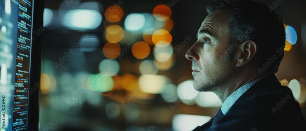Poster stock trader analyzing live data feeds on bright ticker screen at night urban environment