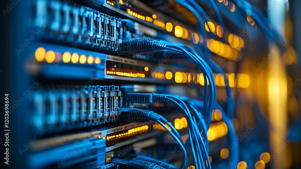 Poster network data center equipment with blue cables and blinking lights during peak usage hours