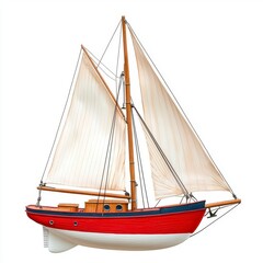 Obraz premium A colorful sailing boat with white sails and a red hull, designed for navigation on water, showcasing craftsmanship and marine aesthetics.