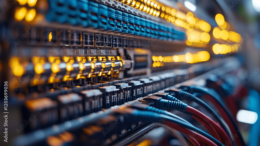 Aufkleber network cables connected to a server with illuminated lights showcasing activity
