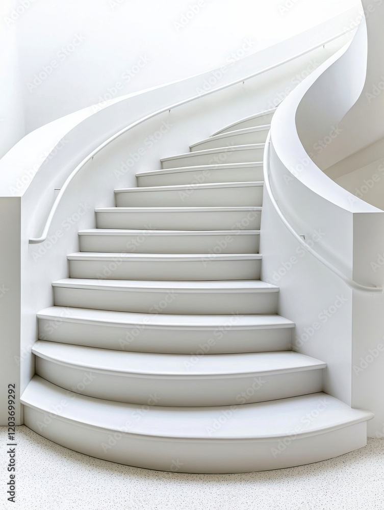 Poster a modern, curved staircase with a sleek white finish, featuring smooth lines and minimalistic design