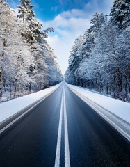 Straight road covered with snow and ice at winter