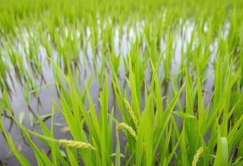 Fototapeta premium Freshly grown rice plants, vibrant green and thriving in a lush, water filled paddy field