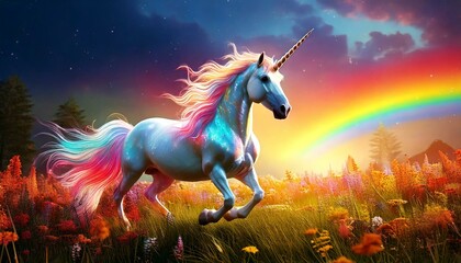 with a glowing horn galloping across a rainbow-lit meadow.
