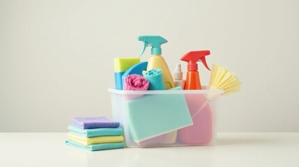 A Colorful Collection of Cleaning Supplies Neatly Organized in a Clear Plastic Container Ready for Use