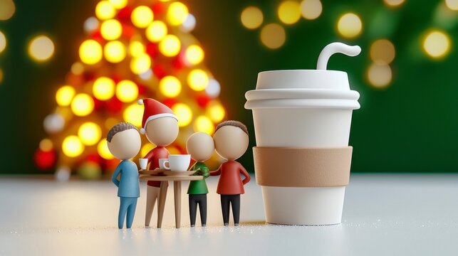 A festive scene featuring miniature figures enjoying drinks near a large coffee cup, with a Christmas tree and colorful lights in the background.