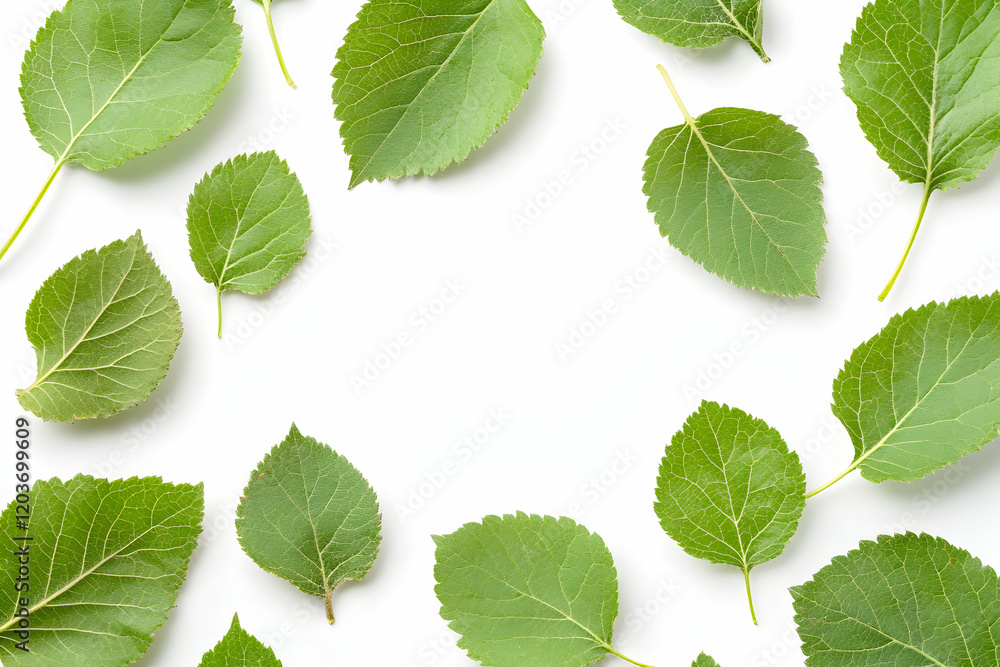 Poster fresh green leaves arranged in a circular frame on a white background, creating a natural border per