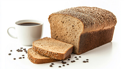Bread and a cup of coffee on the table isolated on a white background