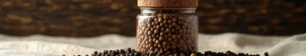 Coriander seeds in glass jar with cork lid on rustic fabric background