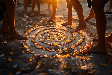 Barefoot group standing around a spiral of petals during a spring equinox ritual at sunset, symbolizing unity and grounding