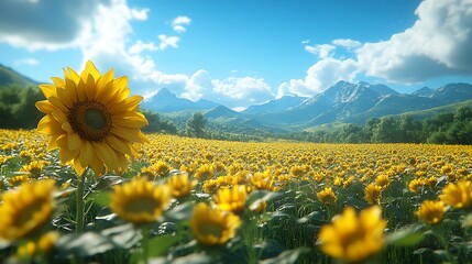 Obraz premium Sunflower Serenity: A vibrant sunflower stands tall amidst a breathtaking field of its brethren, stretching towards a majestic mountain range under a brilliant blue sky.