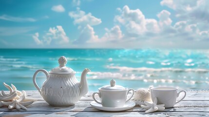 Fototapeta premium Teapot with cups on table on sea background