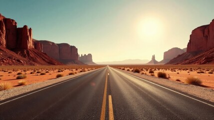 Endless Asphalt Journey Through a Sun-Drenched Desert Landscape with Majestic Rock Formations