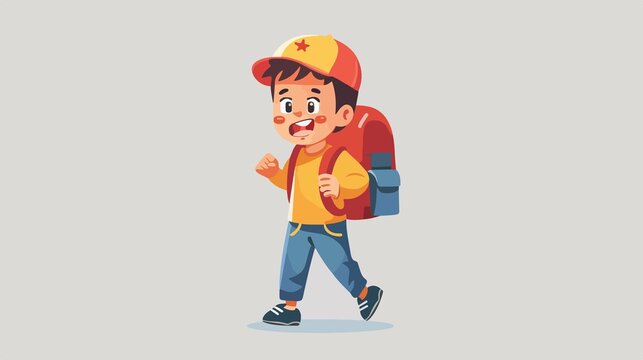Smiling Schoolboy with Backpack on Grey Background - Cartoon Style
