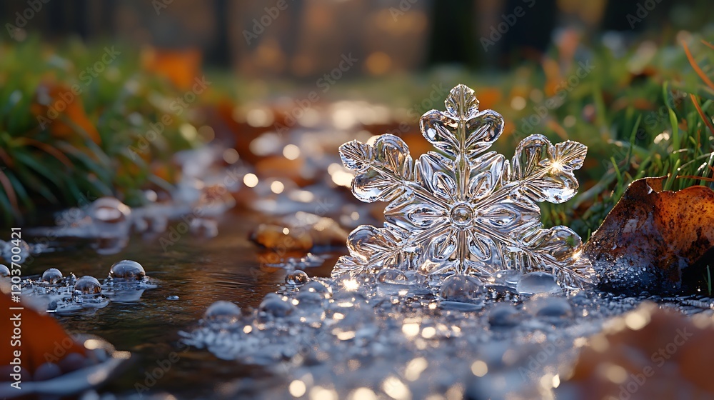 Aufkleber crystal snowflake in stream: a mesmerizing macro shot of a perfect snowflake perched on a stream bed