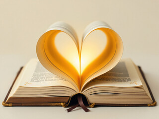 Open book with pages folded into a heart shape, glowing with warm light.