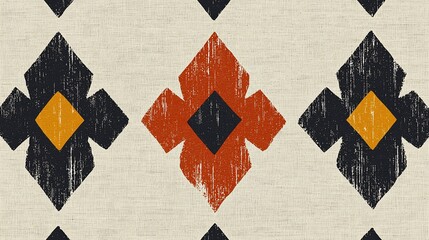 Distressed geometric textile pattern in black, burnt orange, and gold on an off-white background.