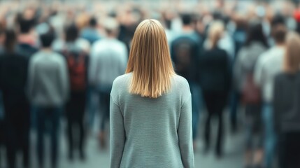 A woman stands among a large crowd, capturing the essence of solitude in a bustling environment.